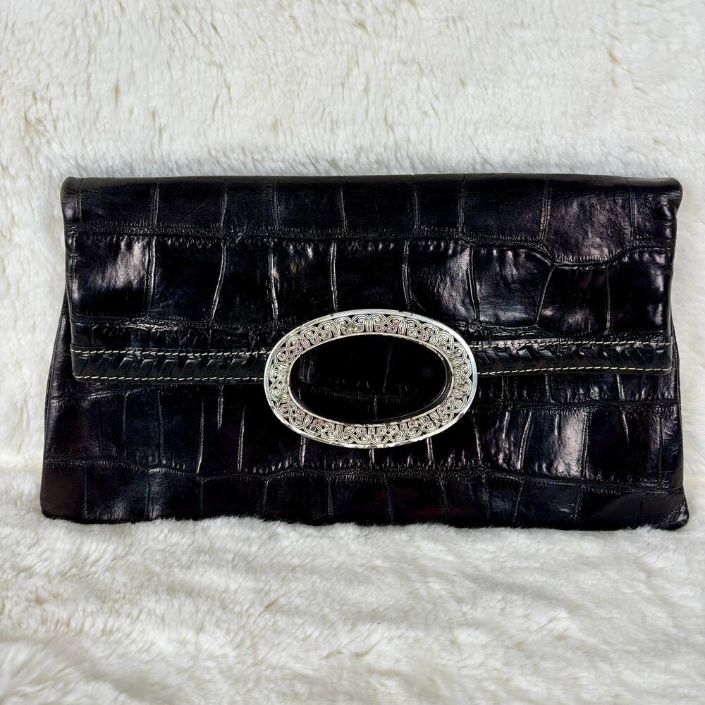 BRIGHTON Croc Brown Leather Slim Purse Wallet Clutch